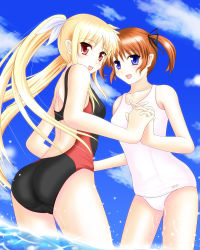 Rule 34 | 2girls, :d, ass, bare shoulders, blonde hair, blue eyes, brown hair, competition swimsuit, fate testarossa, hair ribbon, holding hands, highres, lyrical nanoha, mahou shoujo lyrical nanoha, mahou shoujo lyrical nanoha a&#039;s, multiple girls, one-piece swimsuit, open mouth, purple eyes, red eyes, ribbon, school swimsuit, short twintails, smile, sooichi (diabolicemission), swimsuit, takamachi nanoha, twintails, wading, water, white school swimsuit, white one-piece swimsuit
