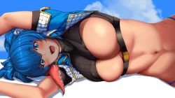 Rule 34 | 1girl, areola slip, arms up, black sweater, blue eyes, blue hair, blue jacket, blue sky, blush, borrowed character, breast cutout, breasts, cloud, collared jacket, commentary request, covered erect nipples, cropped jacket, day, jacket, large breasts, looking at viewer, lying, midriff, monster girl, navel, nyame (kokoankou), on side, open mouth, original, outdoors, pekoneko, ribbed sweater, scylla, shadow, short sleeves, sky, solo, stomach, sweater, teeth, tentacles, turtleneck, turtleneck sweater, two side up, underboob, upper body, upper teeth only