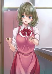 Rule 34 | 10s, 1girl, alternate hairstyle, apron, blue eyes, blush, bow, bowtie, brown hair, cowboy shot, feeding, giving, green eyes, grey hair, hair intakes, heterochromia, idolmaster, idolmaster cinderella girls, incoming food, looking at viewer, low ponytail, mole, mole under eye, open mouth, pink apron, pov feeding, red bow, red bowtie, red skirt, sengoku aky, skirt, sleeves rolled up, solo, spoon, takagaki kaede