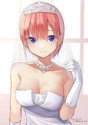 Rule 34 | 1girl, bare shoulders, blue eyes, blush, breasts, bridal veil, cleavage, closed mouth, collarbone, commentary request, dress, elbow gloves, gloves, go-toubun no hanayome, heart, heart in eye, highres, hirota fruit, jewelry, looking at viewer, medium breasts, nakano ichika, necklace, pink hair, see-through, short hair, smile, solo, strapless, strapless dress, symbol in eye, tiara, twitter username, upper body, veil, wedding dress, white dress, white gloves