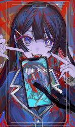 Rule 34 | 1girl, 8dai, abstract background, alternate hair color, asterisk (symbol), black hair, blazer, blue eyes, blue hair, blue jacket, cellphone, colored inner hair, fingers to cheeks, grabber tool, hands up, head tilt, highres, hito mania (utau), jacket, long hair, long sleeves, looking at viewer, middle finger, multicolored background, multicolored hair, nijisanji, phone, question mark in eye, red background, red hair, school uniform, smartphone, smile, solo, tsukino mito, tsukino mito (1st costume), upper body, virtual youtuber, white nails