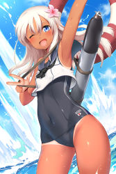 Rule 34 | 10s, 1girl, ;d, absurdres, arm up, armpits, blue eyes, blue sky, blush, cloud, contrapposto, covered navel, cowboy shot, crop top, day, double vertical stripe, dutch angle, flower, hair between eyes, hair flower, hair ornament, highres, japanese flag, kantai collection, lifebuoy, long hair, m-da s-tarou, one-piece swimsuit, one-piece tan, one eye closed, open mouth, outdoors, partially submerged, ro-500 (kancolle), school swimsuit, school uniform, serafuku, shiny skin, sky, smile, solo, standing, swim ring, swimsuit, swimsuit under clothes, tan, tanline, tareme, torpedo, water, white hair, wide hips