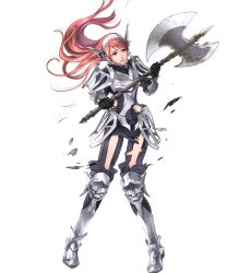 Rule 34 | 1girl, arm guards, armor, armored boots, axe, battle axe, boots, broken, broken armor, broken weapon, cherche (fire emblem), fire emblem, fire emblem awakening, fire emblem heroes, full body, highres, holding, holding weapon, injury, long hair, maid headdress, nintendo, official art, open mouth, red eyes, red hair, ryona, solo, torn clothes, transparent background, wada sachiko, weapon