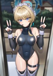 Rule 34 | 1girl, absurdres, bare shoulders, blonde hair, blue archive, blue eyes, breasts, collarbone, double v, elbow gloves, expressionless, fingerless gloves, gloves, groin, halo, headset, highres, leotard, maid, maid headdress, medium breasts, medium hair, nanni jjang, navel, sideboob, skin tight, skindentation, solo, thigh strap, thighhighs, toki (blue archive), v