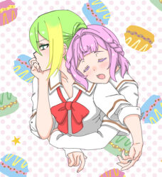 Rule 34 | 2girls, alina gray, blonde hair, blush, bow, bowtie, braid, closed eyes, food, green eyes, green hair, hair between eyes, hand on own chin, head on another&#039;s shoulder, layered sleeves, long sleeves, loose bowtie, macaron, magia record: mahou shoujo madoka magica gaiden, mahou shoujo madoka magica, multicolored hair, multiple girls, open mouth, pink hair, polka dot, polka dot background, profile, red bow, red bowtie, sakae general school uniform, school uniform, shirt, short hair, short over long sleeves, short sleeves, sidelocks, sleeping, streaked hair, toukotsu (gharne5), white shirt, wing collar, yura hotaru