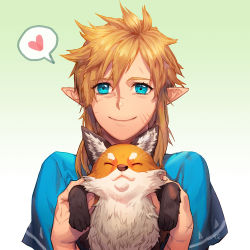 Rule 34 | 1boy, 1other, :3, animal, blonde hair, blue eyes, blue shirt, closed mouth, disheveled, ed (chibied), closed eyes, fox, fur, hair between eyes, heart, holding, holding animal, link, long hair, looking at viewer, nintendo, pointy ears, print shirt, scratches, shirt, short sleeves, simple background, smile, the legend of zelda, white background, white fur