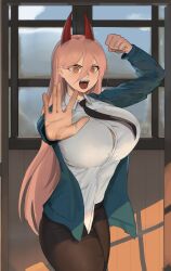Rule 34 | 1girl, absurdres, black pants, booruguru, bouncing breasts, breasts, chainsaw man, female focus, highres, horns, huge breasts, necktie, orange eyes, pants, pink hair, power (chainsaw man), red horns, shirt, solo, thick thighs, thighs, white shirt, window