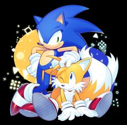 Rule 34 | 2boys, animal ears, blue eyes, drawloverlala, fox, furry, furry male, gloves, green eyes, hand on another&#039;s head, highres, male focus, multiple boys, multiple tails, one eye closed, quill, sega, shoes, smile, sneakers, sonic (series), sonic the hedgehog, tail, tails (sonic), two tails, white gloves