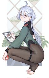 Rule 34 | 1girl, ahoge, animalization, blue eyes, blue hair, blue nails, border, brown pantyhose, commentary, corrupted twitter file, food, full body, green jacket, gundam, gundam suisei no majo, highres, holding, holding food, holding tablet pc, iuui, jacket, long hair, long sleeves, looking at viewer, miorine rembran, nail polish, pantyhose, solo, squatting, stirrup legwear, suletta mercury, symbol-only commentary, tablet pc, tanuki, toeless legwear, tomato, twintails, white border