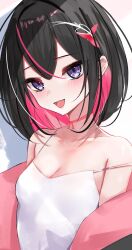 Rule 34 | 1girl, azki (hololive), black hair, blush, breasts, camisole, choker, colored inner hair, commentary, english commentary, highres, hololive, looking at viewer, medium hair, multicolored hair, open mouth, pink choker, pink hair, purple eyes, rifufu, small breasts, solo, strap slip, streaked hair, upper body, virtual youtuber, white camisole