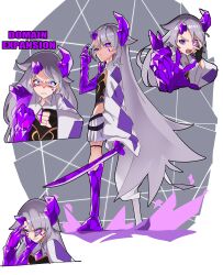 Rule 34 | 1girl, absurdres, chest jewel, circlet, colored inner hair, crystal horns, crystal sword, detached collar, dress, gem, grey hair, highres, hololive, hololive english, horns, jewel under eye, katana, koizumi arata, koseki bijou, long hair, looking at viewer, multicolored hair, open mouth, pink hair, purple eyes, purple hair, single horn, sword, very long hair, virtual youtuber, weapon, white dress