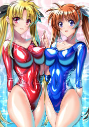 Rule 34 | 2girls, asymmetrical docking, athletic leotard, blonde hair, blue background, blue hair, blush, bow, breast press, breasts, brown hair, cameltoe, collarbone, commentary request, covered erect nipples, covered navel, cowboy shot, fate testarossa, gymnastics, hair bow, hair ornament, highleg, large breasts, latex, leotard, long hair, looking at viewer, lyrical nanoha, mahou shoujo lyrical nanoha strikers, multiple girls, open mouth, orange hair, purple eyes, red eyes, rhythmic gymnastics, sen (sansui), shiny clothes, shiny skin, skin tight, smile, sparkle, standing, takamachi nanoha, thighs, twintails