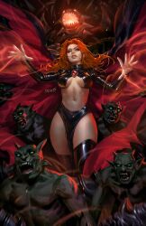 Rule 34 | 1girl, 6+others, black dress, black thighhighs, dcwj, dress, gem, goblin, highres, long hair, long sleeves, madelyne pryor, marvel, midriff, monster, multiple others, navel, official art, open mouth, realistic, red gemstone, red hair, signature, teeth, thick thighs, thighhighs, thighs, x-men