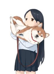 Rule 34 | 1girl, absurdres, black hair, brown eyes, collar, forehead, highres, hug, japanese clothes, kimono, laika (sputnik2nd), leash, long hair, looking at viewer, parted lips, pleated skirt, shiba inu, simple background, skirt, white background