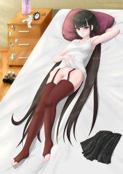Rule 34 | 10s, armpits, artist request, blouse, blunt bangs, blush, boots, unworn boots, breasts, brown hair, danganronpa (series), danganronpa v3: killing harmony, english text, feet, from above, full body, garter straps, harukawa maki, highres, long hair, lying, medium breasts, newovermind, no panties, pussy, red eyes, red thighhighs, shirt, shoes, unworn shoes, skirt, unworn skirt, sleeveless, sleeveless shirt, thighhighs, toeless legwear, toes, twintails, uncensored, very long hair, white shirt, wooden floor