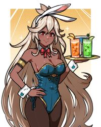 Rule 34 | 1girl, akairiot, alternate costume, animal ears, bare shoulders, blue leotard, breasts, cleavage, commentary, cup, dark-skinned female, dark skin, detached collar, drinking glass, fake animal ears, granblue fantasy, hand on own hip, highres, holding, holding tray, leotard, long hair, medium breasts, pantyhose, playboy bunny, rabbit ears, red eyes, side-tie leotard, simple background, smile, solo, strapless, strapless leotard, symbol-only commentary, tray, very long hair, white hair, wrist cuffs, zooey (granblue fantasy)