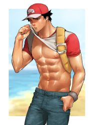 Rule 34 | 1boy, alternate color, backpack, bag, bara, baseball cap, beach, bitaro, black hair, blurry, brown eyes, clothes lift, creatures (company), day, denim, depth of field, game freak, hand in pocket, hat, jeans, male focus, muscular, nintendo, nipples, ocean, one eye closed, open mouth, outside border, pants, pokemon, pokemon sm, raglan sleeves, red (pokemon), red (pokemon sm), red hat, shiny skin, shirt, shirt lift, shore, short hair, solo, sweat, t-shirt, wiping face