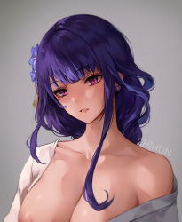 Rule 34 | 1girl, artist name, bare shoulders, breasts, chihunhentai, collarbone, earrings, flower, genshin impact, gradient background, grey background, hair flower, hair ornament, jewelry, large breasts, looking at viewer, mole, mole under eye, nipples, parted lips, pink eyes, purple hair, raiden shogun, solo, upper body