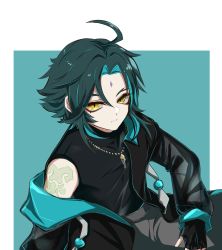 Rule 34 | 1boy, ahoge, arm tattoo, bare shoulders, black gloves, black hair, blue background, closed mouth, facial mark, fingerless gloves, forehead mark, genshin impact, gloves, green hair, highres, jacket, unworn jacket, jewelry, long hair, long sleeves, looking at viewer, male focus, multicolored hair, necklace, parted bangs, rvve, simple background, sleeveless, slit pupils, solo, tattoo, white background, xiao (genshin impact), yellow eyes