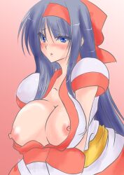 1girl ainu_clothes akenami_yasutaka arms_under_breasts blue_eyes blue_hair blush breasts breasts_out hair_ribbon highres large_breasts leaning_forward long_hair nakoruru nipples parted_lips ribbon samurai_spirits snk solo the_king_of_fighters very_long_hair