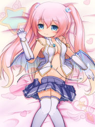 Rule 34 | 1girl, angelic buster, bare shoulders, bat wings, bed sheet, blue eyes, blue wings, blush, bo bra, breasts, cleavage, closed mouth, clothes pull, collarbone, commentary request, detached sleeves, gloves, groin, hair between eyes, hand up, heart, highres, horns, knees together feet apart, long hair, looking at viewer, low wings, lying, maplestory, medium breasts, navel, nekono rin, no panties, on back, open clothes, open shirt, open skirt, pleated skirt, purple skirt, shirt, skirt, skirt pull, sleeveless, sleeveless shirt, smile, solo, star (symbol), thighhighs, transparent wings, two side up, very long hair, white gloves, white shirt, white thighhighs, winged heart, wings, zipper