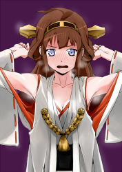 Rule 34 | 10s, 1girl, ahoge, armpits, arms up, blue eyes, blush, breasts, brown hair, cleavage, detached sleeves, full-face blush, growl f, headgear, heavy breathing, japanese clothes, kantai collection, kongou (kancolle), long hair, simple background, smell, solo, wide sleeves