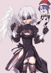 Rule 34 | 1girl, :3, benizuwai, black dress, black gloves, black thighhighs, blindfold, braid, breasts, cleavage, cleavage cutout, clothing cutout, commentary request, cosplay, crossover, doremy sweet, dress, feathered wings, french braid, gloves, gluteal fold, hat, kishin sagume, long sleeves, nier (series), nier:automata, nightcap, open mouth, pod (nier:automata), simple background, single wing, thighhighs, touhou, white wings, wide hips, wings, 2b (nier:automata), 2b (nier:automata) (cosplay)