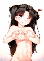 Rule 34 | 1girl, ;q, aged down, bad id, bad pixiv id, black hair, black ribbon, blue eyes, blush, breasts, fate/stay night, fate (series), female focus, hair ribbon, heart, heart-shaped boob challenge, kimoshi, long hair, looking at viewer, medium breasts, navel, nipples, nude, one eye closed, out-of-frame censoring, parted bangs, ribbon, simple background, solo, tohsaka rin, tongue, tongue out, two side up, type-moon, very long hair, white background