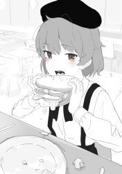 Rule 34 | 1girl, beret, blush, burger, commentary request, dripping, fangs, food, greyscale, hands up, hat, hatoba tsugu, highres, holding, holding food, imminent bite, indoors, long sleeves, looking at viewer, mole, mole under eye, monochrome, neck ribbon, on chair, open mouth, plate, radio1985head, restaurant, ribbon, saliva, shirt tucked in, short hair, sitting, solo, spot color, suspenders, table, tsugu (vtuber), two-handed, upper body, virtual youtuber
