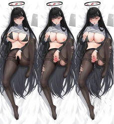 Rule 34 | 1girl, bed sheet, black bra, black hair, black panties, black pantyhose, blue archive, blush, bra, breasts, closed mouth, clothes lift, feet, hair ornament, hairpin, halo, highres, large breasts, long hair, long sleeves, looking at viewer, multiple views, nipples, open mouth, panties, pantyhose, pussy, pussy juice, red eyes, ribbed sweater, rio (blue archive), spread pussy, sweater, sweater lift, torn clothes, torn pantyhose, turtleneck, turtleneck sweater, underwear, white sweater, yaomiaomiao