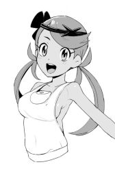 Rule 34 | 1girl, :d, bare shoulders, blush, breasts, covered erect nipples, covered navel, creatures (company), game freak, greyscale, hairband, long hair, looking at viewer, mallow (pokemon), medium breasts, monochrome, nintendo, open mouth, overalls, pokemon, pokemon sm, s-a-murai, sideboob, smile, solo, swept bangs, twintails