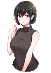Rule 34 | 1girl, :o, absurdres, bare arms, bare shoulders, black dress, black hair, breasts, chestnut mouth, colored eyelashes, copyright request, dress, hand up, highres, maeshimashi, medium breasts, open mouth, red eyes, short hair, simple background, sketch, sleeveless, sleeveless dress, solo, sweater, sweater dress, tareme, upper body, white background