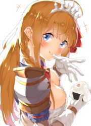 Rule 34 | +++, 1girl, :t, ahoge, armor, blue eyes, blush, braid, breasts, brown hair, cleavage, closed mouth, commentary request, downblouse, eating, elbow gloves, food, food on face, from side, gloves, holding, holding food, looking at viewer, looking to the side, mamedenkyuu (berun), medium breasts, onigiri, pauldrons, pecorine (princess connect!), princess connect!, shoulder armor, simple background, smile, solo, tareme, tiara, upper body, white background, white gloves, wiping face