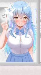 Rule 34 | 1girl, absurdres, alternate costume, blue hair, blue skirt, blush, bow, bowtie, braid, breast pocket, breasts, button gap, buttons, cleavage, closed mouth, collared shirt, colored tips, crossed bangs, drawing, finger writing, flower, hair between eyes, hair flower, hair ornament, half updo, heart, highres, hololive, large breasts, light blue hair, long hair, looking at viewer, multicolored hair, onabe no shime, pleated skirt, pocket, pointy ears, revision, shirt, shirt tucked in, short sleeves, side braid, skirt, solo, streaked hair, very long hair, virtual youtuber, white shirt, window, yellow eyes, yukihana lamy