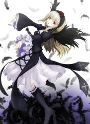 Rule 34 | 1girl, black dress, black footwear, black wings, boots, breasts, doll joints, dress, feathered wings, feathers, gothic lolita, high heel boots, high heels, joints, juliet sleeves, knee boots, light brown hair, lolita fashion, long hair, long sleeves, looking at viewer, okina (805197), open mouth, outstretched arms, puffy sleeves, red eyes, rozen maiden, small breasts, solo, suigintou, wings