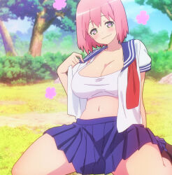 Rule 34 | 1girl, anime screenshot, blush, bra, breasts, cleavage, clothes lift, flower-shaped pupils, futoku no guild, green eyes, hanabata nohkins, highres, large breasts, navel, pink hair, school uniform, screencap, short hair, solo, stitched, symbol-shaped pupils, thick thighs, thighs, third-party edit, underwear, undressing, white bra