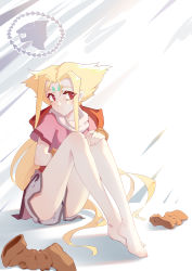 Rule 34 | 1girl, barefoot, blonde hair, blush, boots, facial mark, feet, fiona (zoids), forehead mark, hand on own knee, highres, knees up, long hair, panties, panty peek, red eyes, shoes, unworn shoes, solo, toes, underwear, zoids, zoids chaotic century