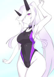 Rule 34 | 1girl, bare shoulders, blush, breasts, competition swimsuit, cowboy shot, hair over one eye, highres, horns, large breasts, long hair, looking at viewer, one-piece swimsuit, ponytail, purple eyes, sangue llia, smile, solo, swimsuit, warship girls r, white hair, yamato (warship girls r)