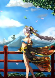 Rule 34 | 1girl, absurdres, bare legs, bare shoulders, bikini, blue bikini, bow, breasts, cleavage, cloud, cloudy sky, collarbone, day, fate/grand order, fate (series), frilled bikini, frills, front-tie bikini top, front-tie top, hair bow, hair over eyes, hand on railing, highres, horns, japanese clothes, kimono, kiyohime (fate), kiyohime (fate/grand order), kiyohime (swimsuit lancer) (fate), kiyohime (swimsuit lancer) (third ascension) (fate), leaf, long hair, looking at viewer, medium breasts, open clothes, open kimono, orange eyes, outdoors, ponytail, qi meng yi, red eyes, sky, smile, solo, stomach, swimsuit, tree, very long hair, white hair, yellow bow
