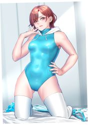 Rule 34 | 1girl, aqua one-piece swimsuit, bare arms, bare shoulders, blush, bodysuit, breasts, brown eyes, brown hair, cameltoe, hair ornament, hairclip, highres, higuchi madoka, idolmaster, idolmaster shiny colors, kilye kairi, kneeling, looking at viewer, medium breasts, mole, mole under eye, nail polish, one-piece swimsuit, short hair, skin tight, smile, solo, swimsuit, thighhighs, white thighhighs