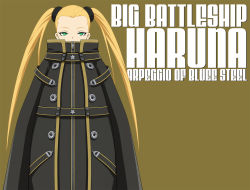 Rule 34 | 10s, 1girl, aoki hagane no arpeggio, bad id, bad pixiv id, black coat, blonde hair, character name, coat, copyright name, english text, green eyes, hair slicked back, haruna (aoki hagane no arpeggio), kamo 3, long hair, looking at viewer, simple background, solo, star (symbol), twintails, typo, very long hair, yellow background, zipper