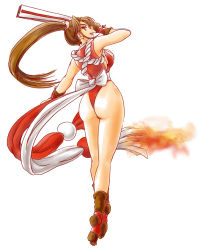 Rule 34 | 1girl, ass, breasts, fatal fury, fire, huge ass, looking back, ponytail, shiranui mai, simple background, snk, solo