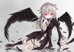 Rule 34 | 1girl, bad id, bad pixiv id, black socks, black wings, dress, feathers, frills, hairband, kneehighs, lolita fashion, long hair, looking at viewer, red eyes, reflection, rin yuu, rozen maiden, silver hair, socks, solo, suigintou, wings