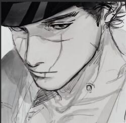 Rule 34 | 1boy, birthday, expressionless, facial scar, golden kamuy, greyscale, hat, kepi, lhdzk, looking at viewer, male focus, military hat, monochrome, portrait, scar, scar on cheek, scar on face, scar on nose, sketch, solo, sugimoto saichi, thick eyebrows