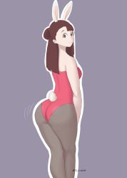 Rule 34 | 10s, 1girl, animal ears, artist name, ass, bare shoulders, brown eyes, brown hair, fake animal ears, female focus, from behind, kagari atsuko, kneepits, leotard, little witch academia, looking at viewer, looking back, medium hair, motion lines, pantyhose, playboy bunny, rabbit ears, rabbit tail, simple background, solo, standing, tail, thighs, thotticus-slayer, wide-eyed