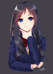 Rule 34 | 1girl, absurdres, allenes, black hair, blazer, blue eyes, blue jacket, blush, commentary request, cropped torso, dated, grey background, hand on own chin, hand up, head tilt, highres, jacket, long hair, long sleeves, original, parted lips, shirt, signature, simple background, solo, sweater vest, white shirt
