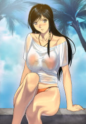 Rule 34 | 1girl, arm support, bikini, bikini bottom only, bikini under clothes, black hair, blush, breasts, brown eyes, cloud, covered erect nipples, day, dead or alive, hair tubes, halterneck, homare (fool&#039;s art), kokoro (doa), large breasts, long hair, looking at viewer, navel, no pants, orange bikini, outdoors, palm tree, see-through, sitting, sky, solo, swimsuit, swimsuit under clothes, tree
