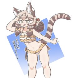 Rule 34 | 1girl, alternate costume, alternate hairstyle, animal ear fluff, animal ears, arm up, bikini, blush, bow, brown hair, cat ears, cat girl, cat tail, double bun, fang, feet out of frame, frilled bikini, frills, geoffroy&#039;s cat (kemono friends), green eyes, hair bow, hair bun, hand to forehead, hand to head, highres, kemono friends, light brown hair, long hair, looking afar, multicolored hair, navel, open mouth, outstretched arm, shading eyes, simple background, smile, solo, standing, stomach, swimsuit, tail, tamurambo, white background, white hair