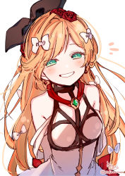 Rule 34 | 1girl, bare shoulders, black ribbon, blonde hair, blush, bow, chest harness, clarisse (granblue fantasy), clarisse (soleil blanc) (granblue fantasy), dress, flower, gem, granblue fantasy, green eyes, grin, hair bow, hair flower, hair ornament, hair ribbon, harness, highres, long hair, looking at viewer, notice lines, red flower, red ribbon, red rose, ribbon, rose, signature, smile, sofra, solo, twitter username, very long hair, white background, white bow, white dress