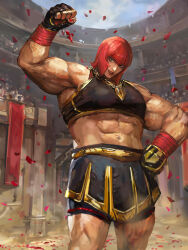Rule 34 | 1girl, abs, arena, arm up, bike shorts, bike shorts under skirt, black skirt, black sports bra, clenched hand, fingerless gloves, gloves, grin, highres, marisa (street fighter), miche, midriff, muscular, muscular female, petals, red hair, skirt, smile, solo, sports bra, standing, street fighter, street fighter 6